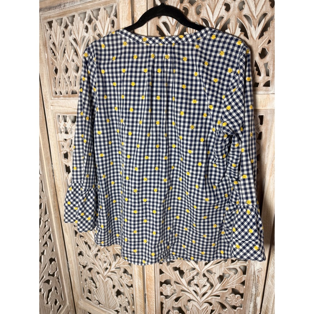 Talbots Womens Navy White Gingham Yellow Embroidered Flower Bell Sleeve Blouse L - Picture 6 of 8